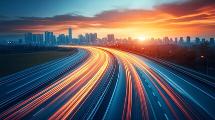 City highway at sunset with light trails.