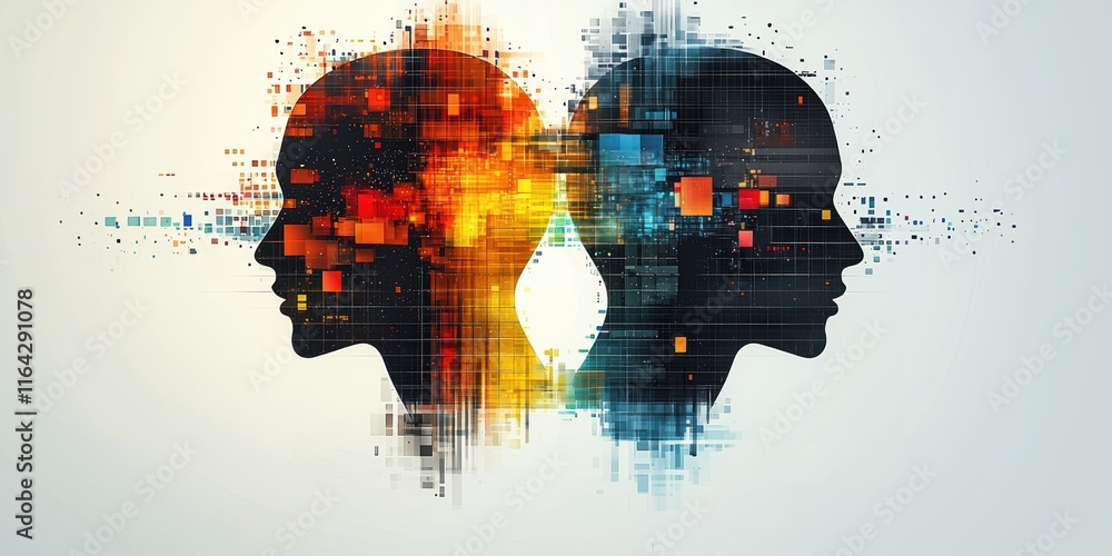 Aufkleber silhouettes of two heads merging data streams, symbolizing connection and communication.