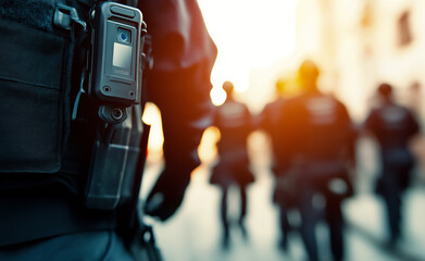 Obraz premium Close-up of a police officer's uniform and body camera with blurred officers in the background, symbolizing law enforcement and surveillance.