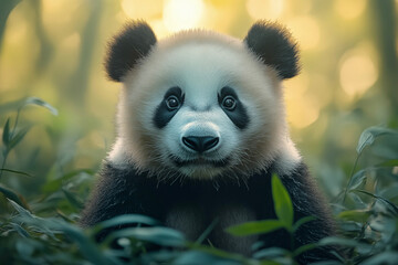 Fototapeta premium Adorable giant panda in the wild, captured in a breathtaking extreme close-up. Showcasing its expressive eyes, soft fur, and iconic black-and-white markings in stunning detail.