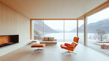 Modern scandinavian lakeside living room with panoramic mountain views