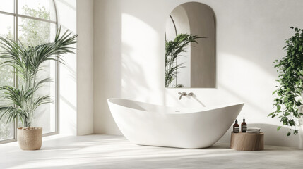 Fototapeta premium Modern minimalist bathroom with white freestanding tub and greenery