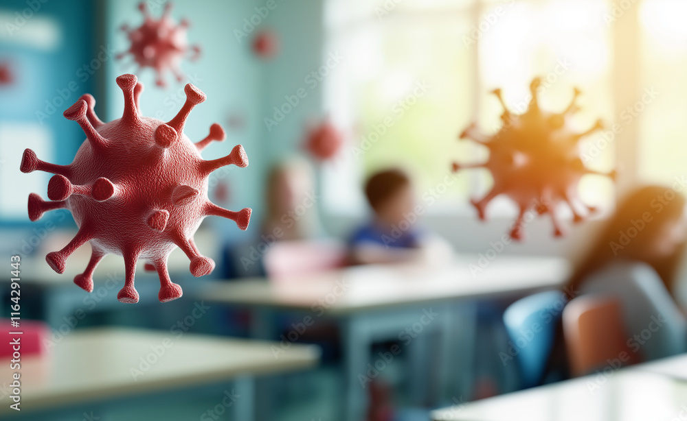 Poster red virus particles floating in focus with blurred children studying in a classroom, symbolizing hea