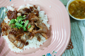 Barbecue red pork on rice, Thai food