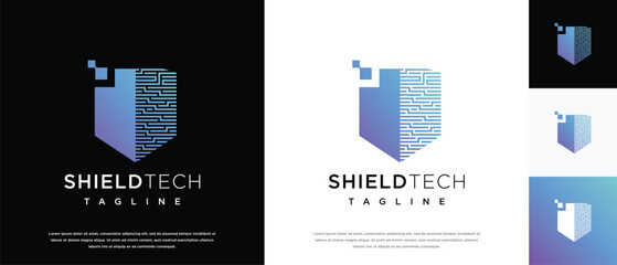Security shield technology logo design template. Shield digital technology logo design vector icon