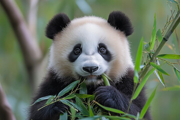 Obraz premium Adorable giant panda in the wild, captured in a breathtaking extreme close-up. Showcasing its expressive eyes, soft fur, and iconic black-and-white markings in stunning detail.