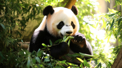 Obraz premium Playful giant panda eating bamboo in lush green habitat