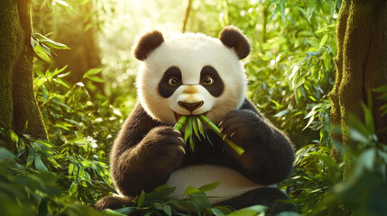 Obraz premium Giant panda eating bamboo in lush green forest