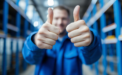 Smiling worker in a blue uniform giving two thumbs up in a brightly lit warehouse environment, symbolizing satisfaction and teamwork.