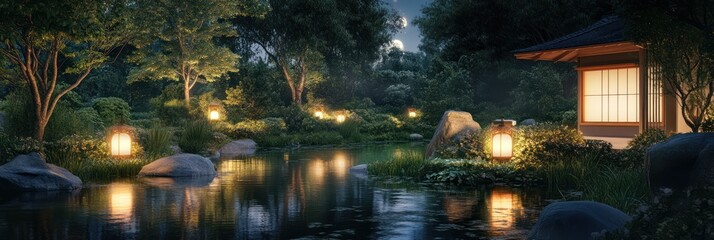 Fototapeta premium Serene Nighttime Japanese Garden Scene with Lanterns