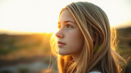 Young Woman Gazing at Sunset: Natural Portrait with Golden Hour Glow