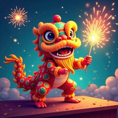 Naklejka premium Vibrant lion dance, exploding firecrackers, vector art , graphic, festival, energy