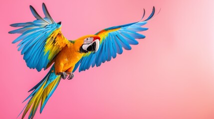 Fototapeta premium Vibrant Macaw Flying Against Soft Pink Background with Bright Feathers