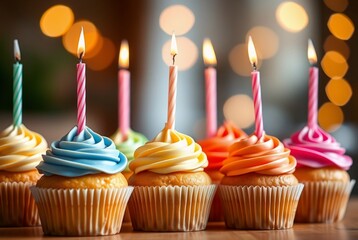 Colorful Birthday Cupcakes with Lit Candles on a Festive Table