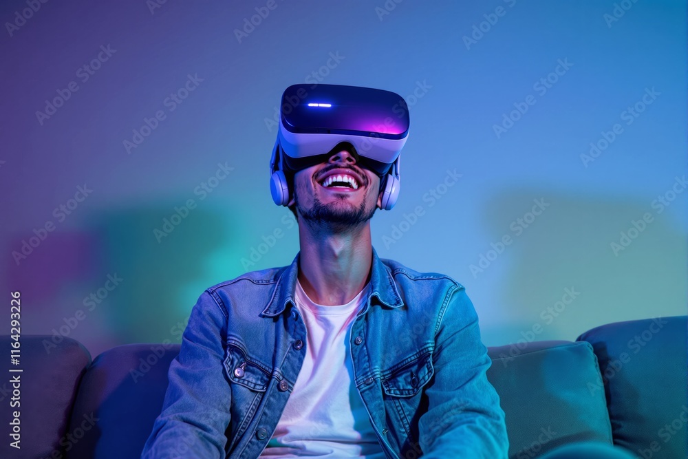 Poster Man experiencing virtual reality with VR headset in colorful light background.