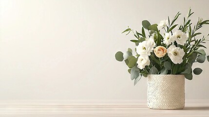   A white vase filled with white flowers sits atop a wooden table against a white wall background