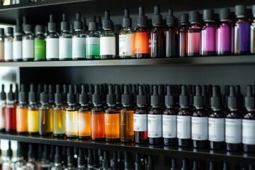 Variety of colorful essential oils displayed on a shelf in a wellness store during the day