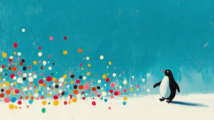  A penguin stands in front of a blue background with multicolored confetti circles in a painting