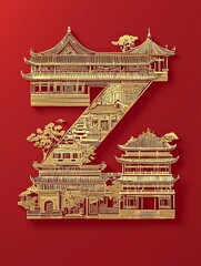 A series of golden illustrations of famous Chinese architecture form the shape of the letter Z, with a pure red background, fine texture, more details, and realism 