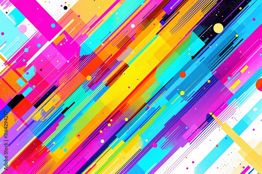 Poster abstract colorful geometric pattern with diagonal streaks and vibrant shapes on a white background.