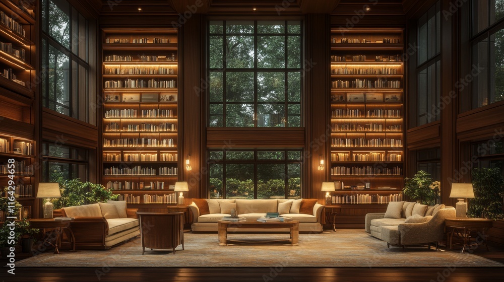 Poster a beautifully designed library features tall shelves filled with books. comfortably arranged sofas a