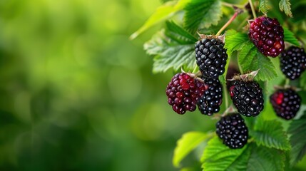   A tree full of blackberries, framed by lush green leaves, while the background boasts of a blurred array of leafy greenery and ripe red berries