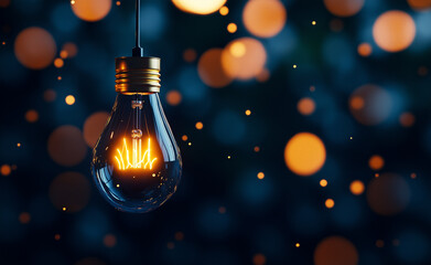 A close-up view of a glowing light bulb surrounded by warm bokeh lights, symbolizing creativity and innovation.