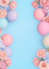 A vibrant arrangement of pastel balloons and pink roses on a blue background, creating a cheerful and festive atmosphere.