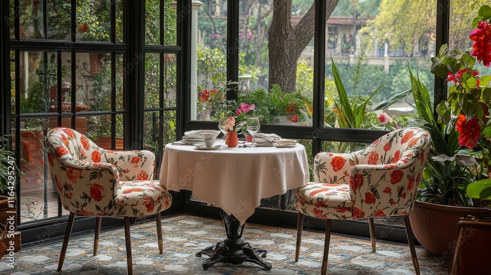 Poster Two elegant chairs surround a round table adorned with a floral tablecloth. The setting features large windows revealing a vibrant garden, creating a warm and inviting atmosphere.