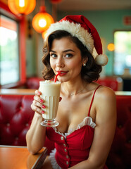 A young Caucasian woman with dark hair wearing a red Santa hat and a red dress, holding a glass of...