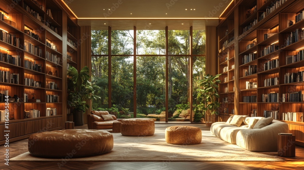 Poster A spacious reading area features luxurious seating and extensive shelves filled with books. Sunlight streams through large windows, illuminating the natural surroundings outside.