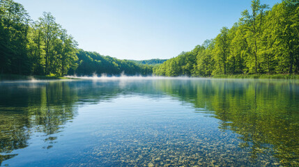 Obraz premium Tranquil forest lake with clear water and misty morning reflections