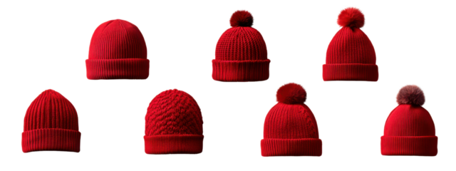 Collection of Various Red Knit Hats with Different Styles and Textures for Winter Apparel and Fashion Accessories