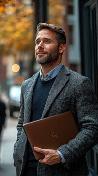 Thoughtful Caucasian man in a stylish coat holds a laptop, gazing contemplatively outdoors.