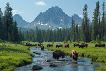 Bison roaming in a serene mountain landscape during a clear summer day