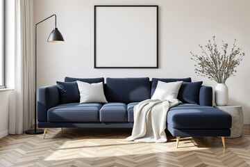 Modern living room interior with dark blue sofa, white pillows, lamp, and decorative vase on wooden floor.