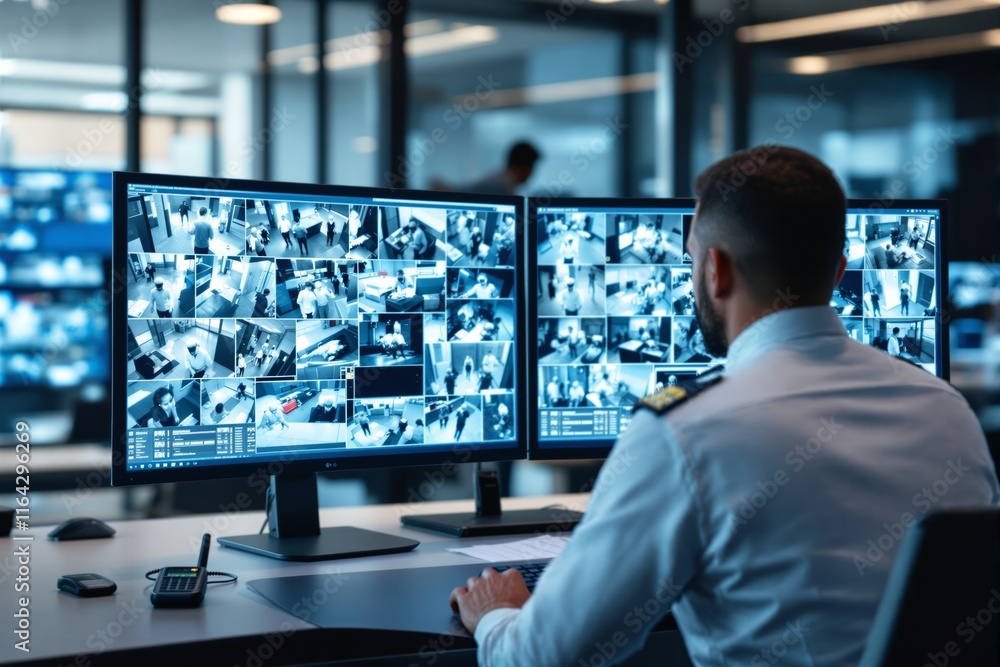 Poster security officer monitoring multiple surveillance camera feeds on dual screens in a control room.