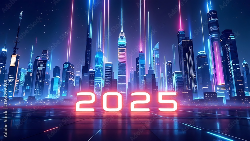 Poster happy new year 2025 smart network and connection business technology city of digital tech background