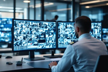 Security officer monitoring multiple surveillance camera feeds on dual screens in a control room.