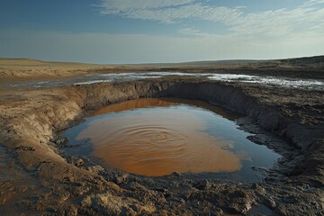 Mud pit in a dry landscape with water rippling on the surface during an overcast day