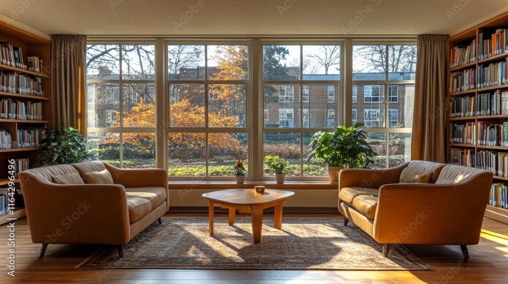 Poster A warm reading area features two soft couches facing a large window. Sunlight streams in, illuminating the autumn foliage outside and the wooden bookshelves filled with books.