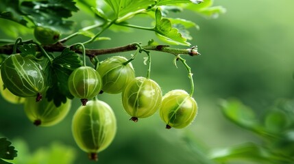  A sharp image of several green fruits dangling from a tree branch, surrounded by clear foliage