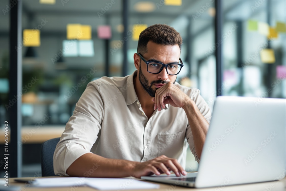 Aufkleber focused man working on a laptop in a modern office environment with bright lighting and colorful sti