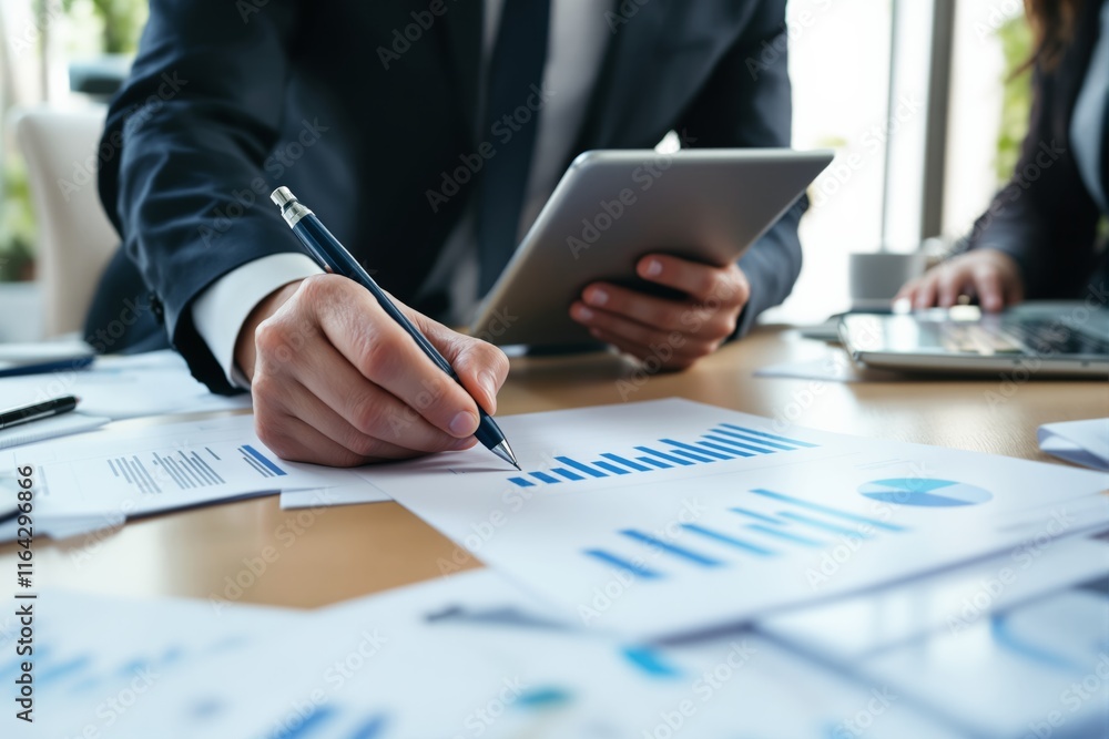 Aufkleber business professional analyzing data charts and graphs on paper in office environment.
