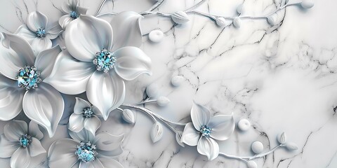 "Luxurious 3D White Jewelry Flowers Embellished with Sparkling Blue Diamonds, Creating an Elegant and Refined Aesthetic Perfect for Sophisticated Digital Art and High-End Design Projects"

