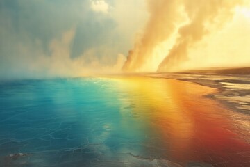 Colorful geothermal springs reflect vivid hues under a dramatic sky in a natural wonderland