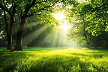 Fototapeta premium Sunlight streaming through lush green trees in a serene forest setting.