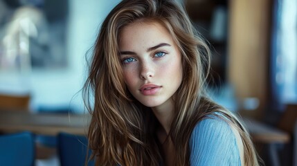 Fototapeta premium Portrait of a Young Woman with Long Brown Hair and Blue Eyes