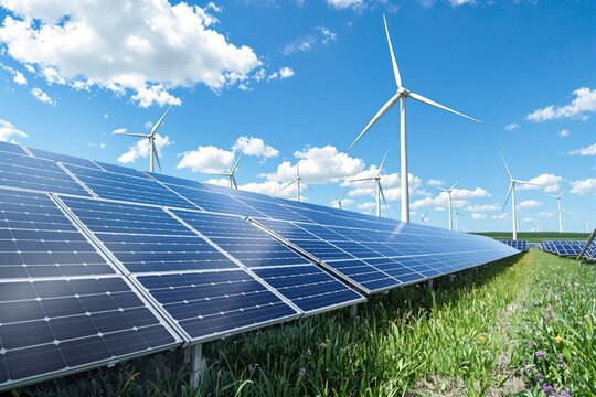 Solar panels and wind turbines in a sunny field with blue sky and clouds in the background.