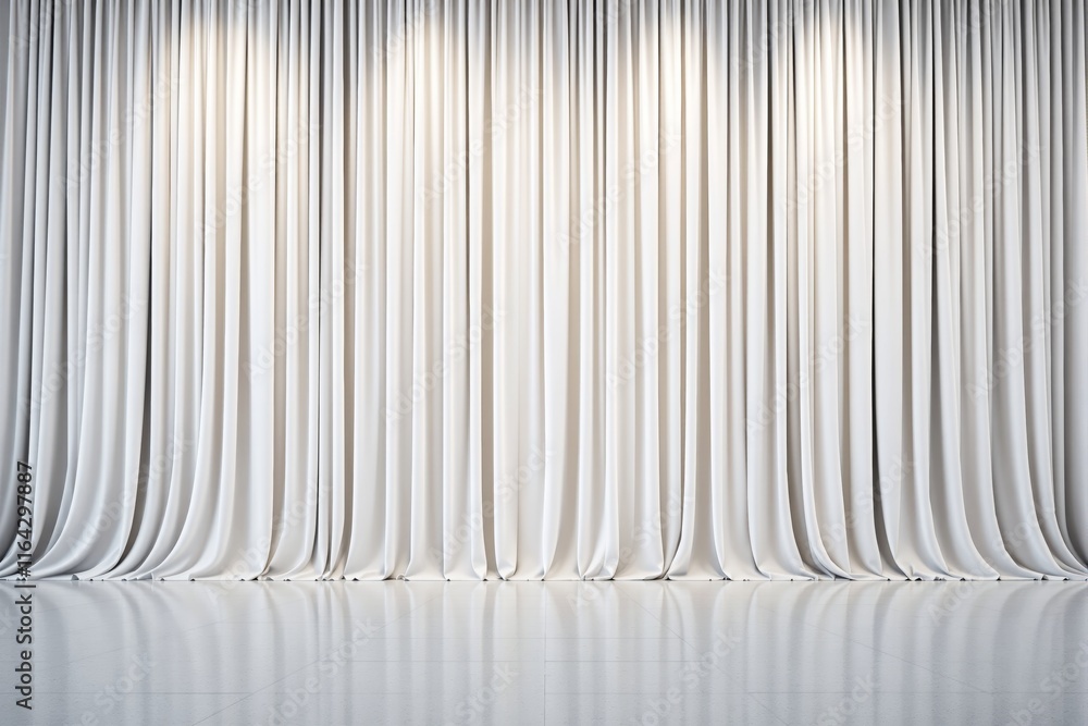 Poster elegant white curtains with subtle folds and reflections on a glossy tiled floor.